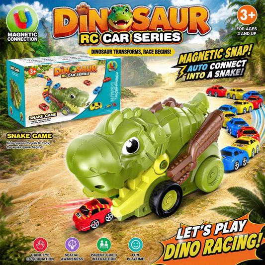 Green RC dinosaur eating car toy with magnetic mini cars and remote control