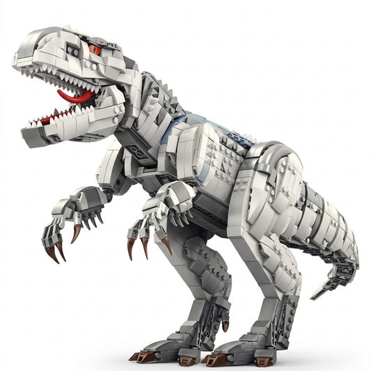 Light grey T-Rex dinosaur building block model, full assembled view, clean studio photo