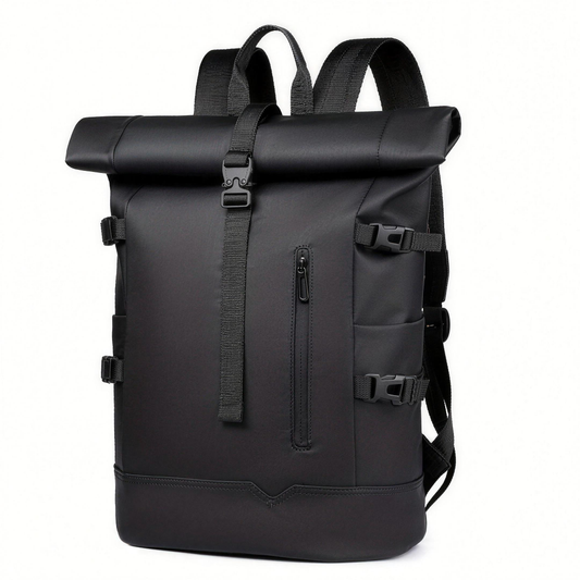 Student roll-top waterproof backpack in black, front view