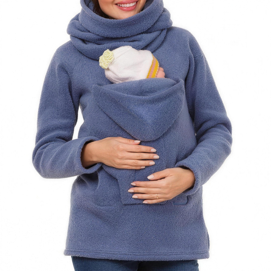 Blue fleece kangaroo pouch babywearing maternity coat, front view with baby in pouch