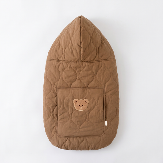 Hooded baby carrier cover in Beige Bear design, warm wrap for stroller and sling