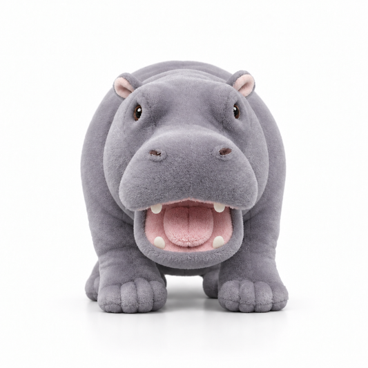 Realistic hippo plush toy, front view, light lavender-grey plush, mouth open showing pink interior and felt teeth