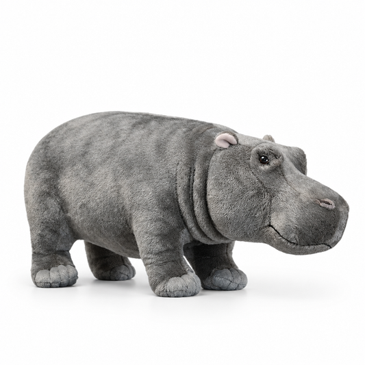 Realistic hippo plush toy, side view, grey soft plush fabric, no logo