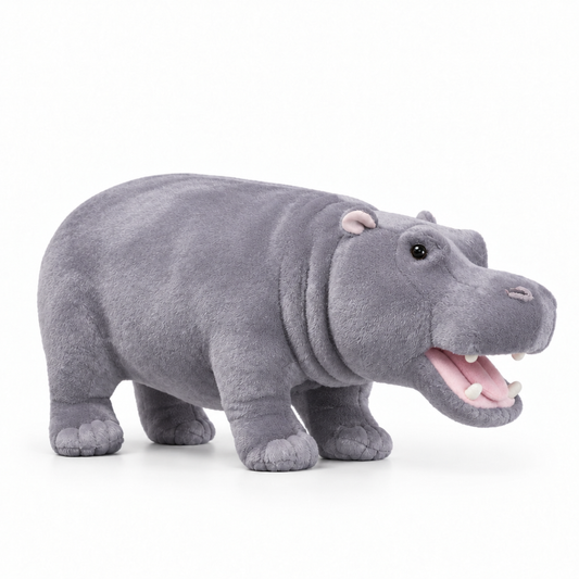 Realistic hippo plush toy, side profile, light lavender-grey plush fabric, standing pose with open mouth