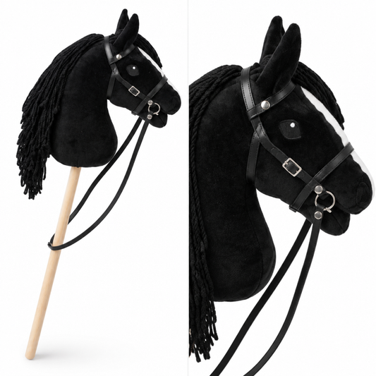 Plush Hobby Horse Stick - Black ride-on horse head toy with black bridle, mane and reins