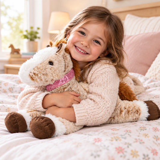 Child cuddling the lying horse plush toy in a cozy bedroom setting