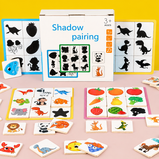 Wooden shadow pairing puzzle set with animal and fruit shape tiles and matching cards