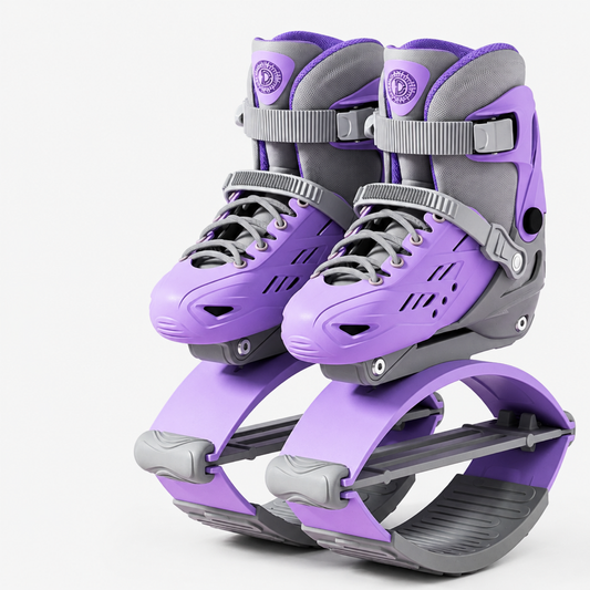 Purple kangaroo bounce shoes, 2-in-1 rebound and roller trainers, front view