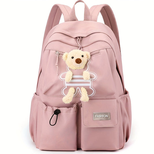 Pink kids school backpack with teddy bear