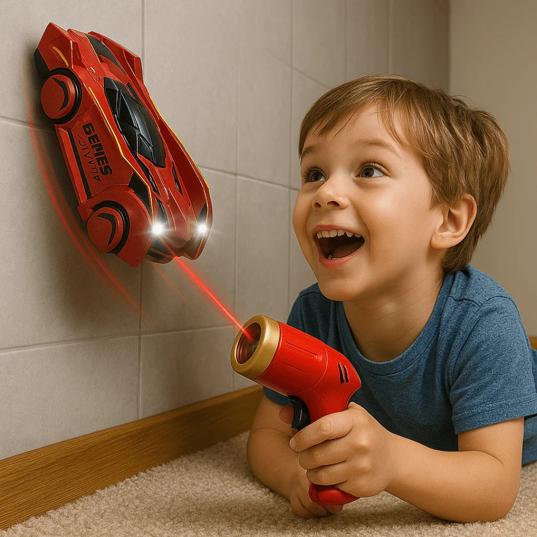 Red RC wall-climbing car