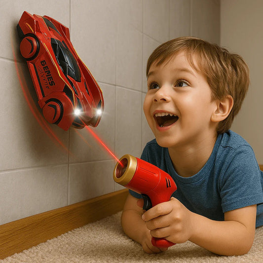Red RC wall-climbing car