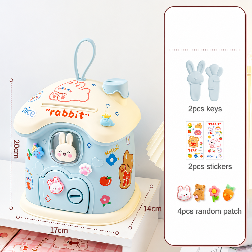Kids Cottage Piggy Bank with Lock & Key and DIY Stickers
