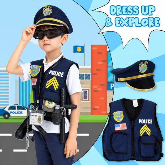 Child wearing the navy police vest and peaked cap with mesh goggles, ID card lanyard, toy baton and handcuffs on the belt