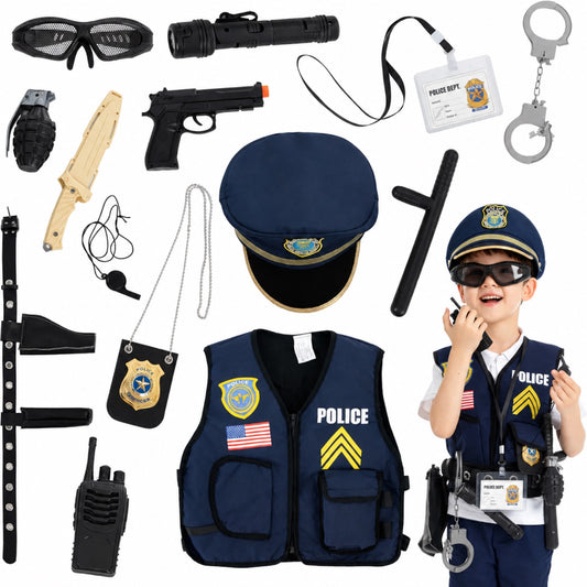 Kids police officer costume set flat lay showing navy POLICE vest, peaked cap and 12 role play accessories