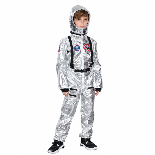 Child wearing silver astronaut costume jumpsuit with matching helmet hood, front view