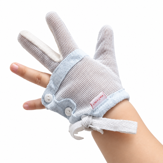 Blue breathable mesh kids glove with button and tie wrist closure, back-of-hand view