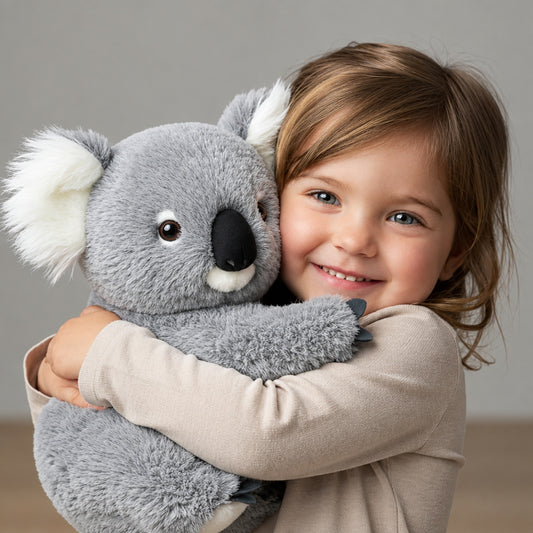 Weighted koala plush toy, front view, grey and white plush fabric