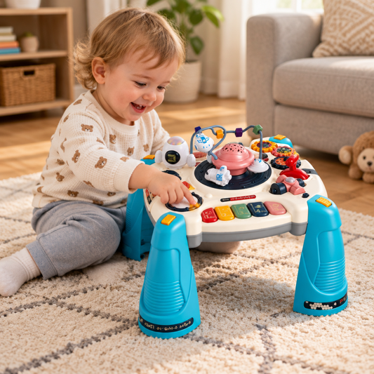 Toddler playing with the Spacecraft Musical Activity Table, pressing the light-up buttons while seated on the floor at home