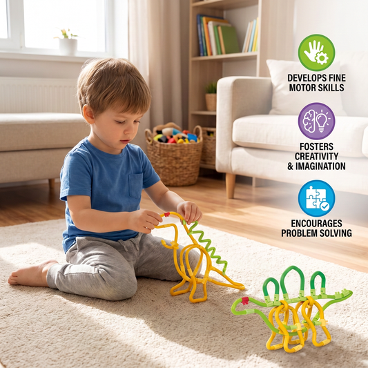 Child building a 3D dinosaur shape with twisty sticks