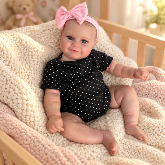 19 inch Maddie reborn baby doll lying in a warm, soft-lit nursery setting, showing her realistic 3D skin texture and soft cloth body