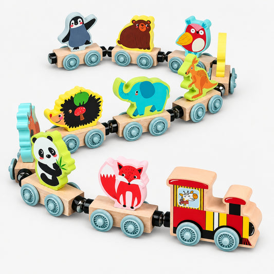Magnetic wooden animal train toy set fully assembled showing all animal carriages and engine