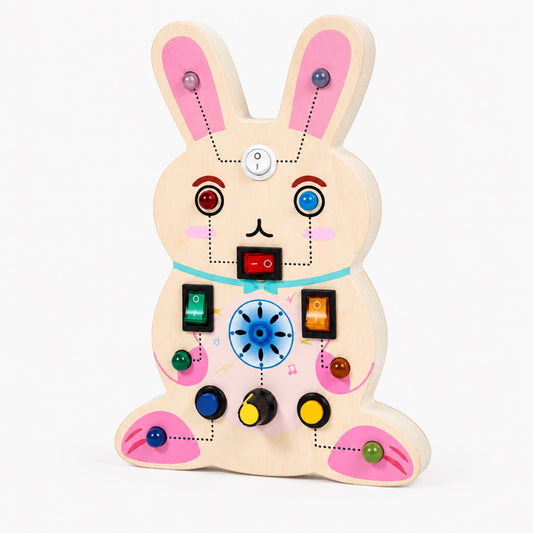 Rabbit-shaped wooden Montessori busy board with buckles, switches, and gears for toddlers age 3+