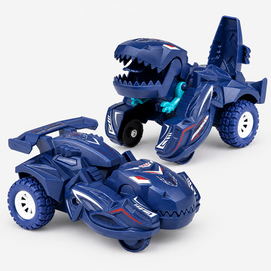 2-in-1 transforming dinosaur car toy in navy blue, closed car mode, diecast mini vehicle