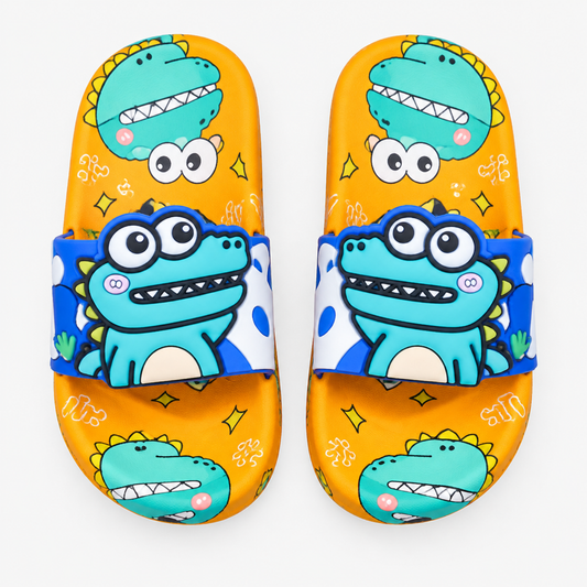 Orange dinosaur kids slide slippers, side angle view