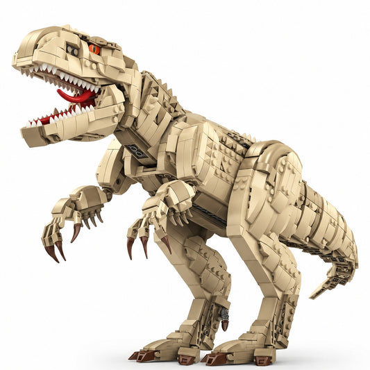 Beige T-Rex dinosaur building block model, full assembled view