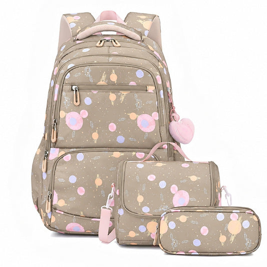 Three-piece cartoon print backpack set, khaki