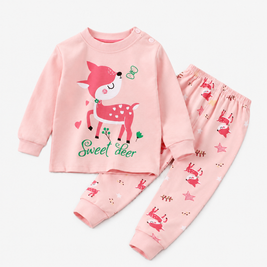 Pink Sweet Deer print pyjama set, folded flat lay, pure cotton long sleeve top and trousers