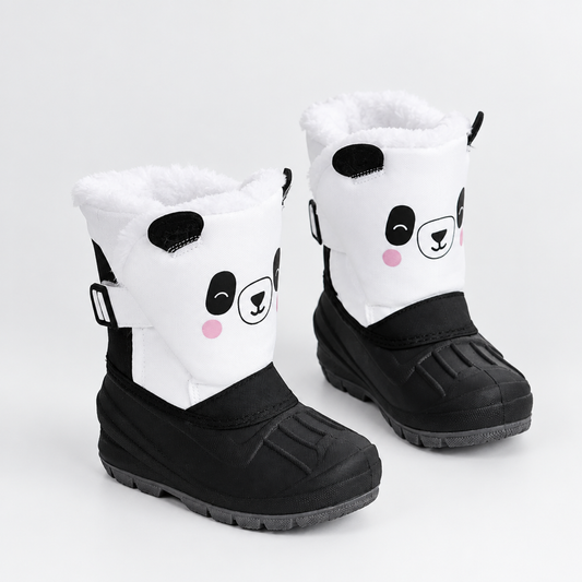 Panda print kids winter snow boots, studio shot