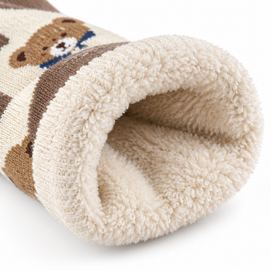 Close-up of the soft brushed fleece lining inside the kids winter crew socks