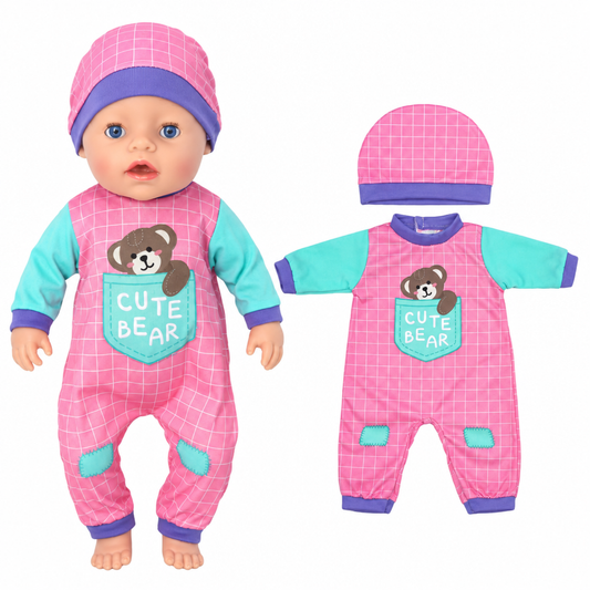 43cm reborn baby doll outfit, Pink Bear Romper and Hat style