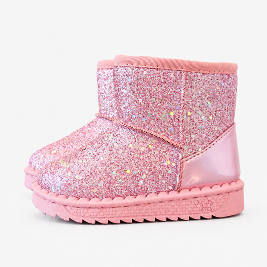 Pink glitter kids snow boot, side view, sparkly sequin upper with faux fur trim and non-slip sole
