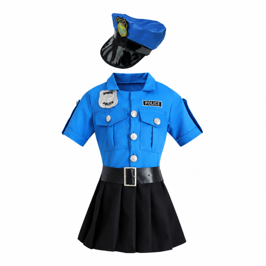 Girls blue and black police officer costume dress with matching cap, Style 01 Dress & Hat set, studio product photo