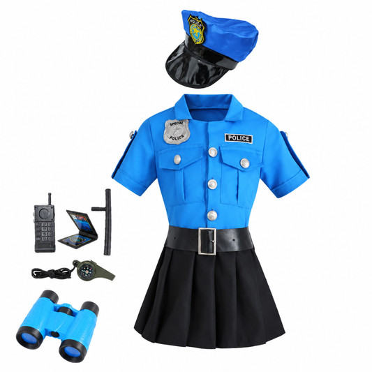 Girls blue and black police officer costume dress with cap, walkie talkie, binoculars, whistle and compass accessories, Style 02 With Accessories set, studio product photo
