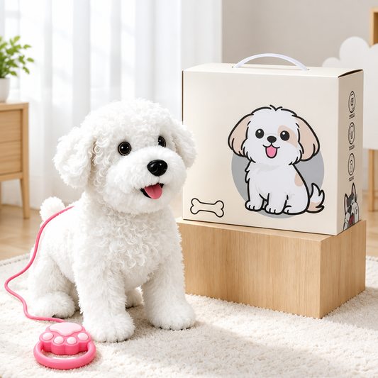 White Bichon Frise electric plush puppy toy with lead and remote paw button