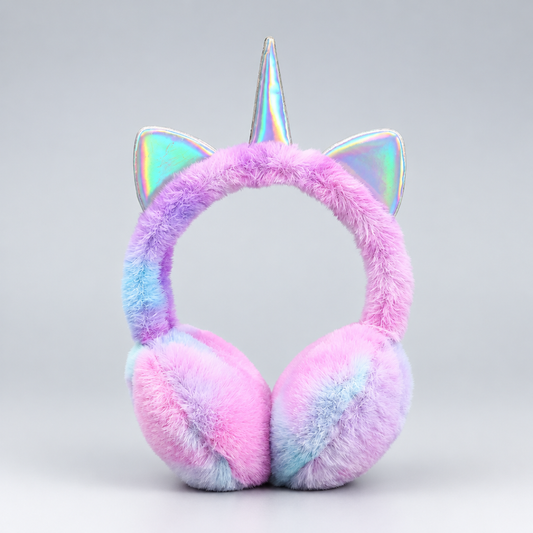 Purple plush unicorn earmuffs for kids with iridescent horn, studio product photo