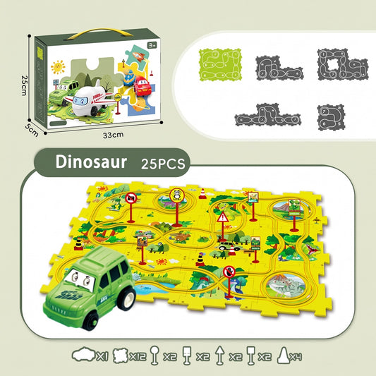 Kids puzzle race track playset, dinosaur theme, 25 pieces, with toy car