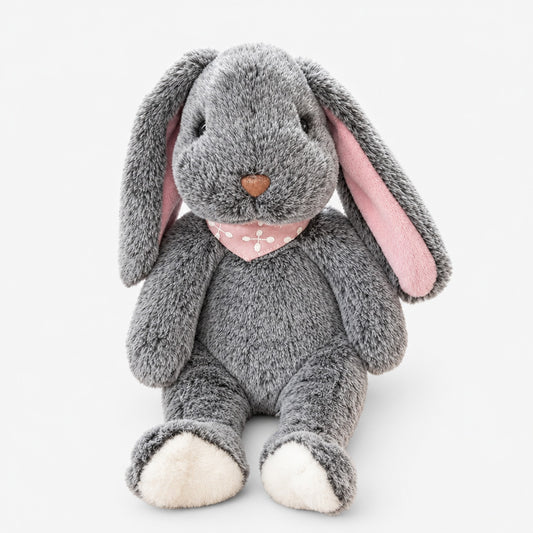 Grey bunny comforter plush toy with pink patterned bandana, soft front view, 35cm size