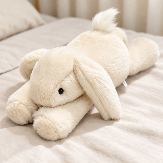 Cream rabbit lying plush toy, 35cm soft cuddly stuffed animal, studio photo