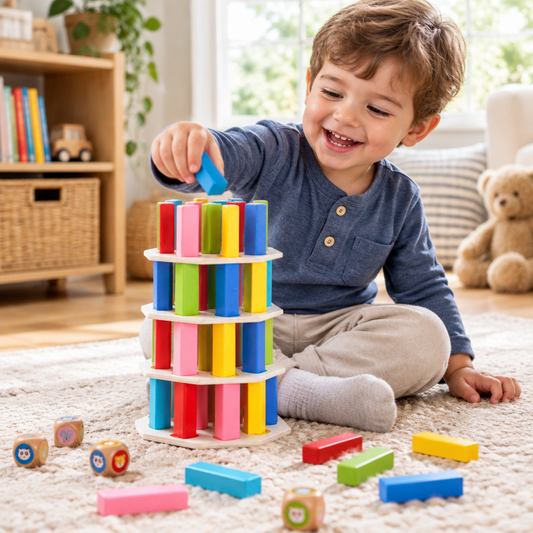 Happy toddler boy placing a wooden rainbow block on the stacking tower in a bright playroom