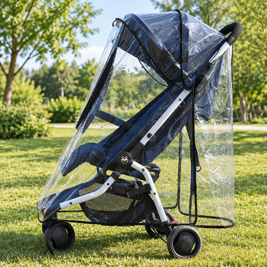 Clear stroller rain cover fitted on a compact stroller outdoors in a sunny grassy park, front three-quarter view