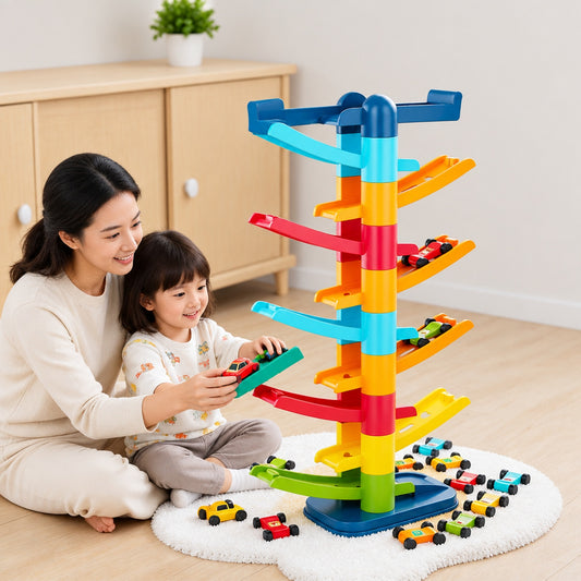 Toddler playing with the colourful stacking ramp racer tower, sending a mini car down the gravity track