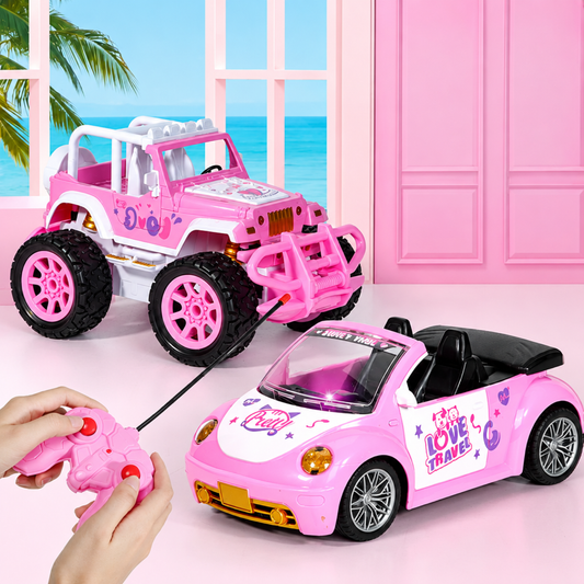 Pink RC Jeep-style off-road truck and Beetle-style convertible with wired remote control