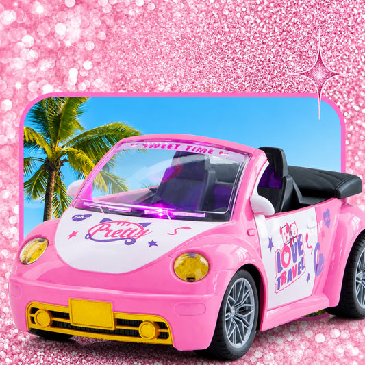Close-up of pink RC Beetle-style convertible with illuminated dashboard lights