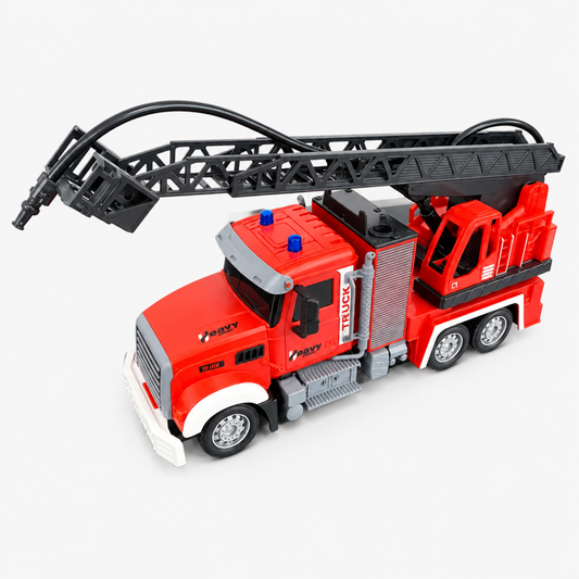 RC fire truck toy, red and white, studio shot on white background with ladder extended