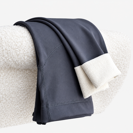 Thick fleece maternity leggings in rock grey with built-in belly support panel, front view on clean studio background