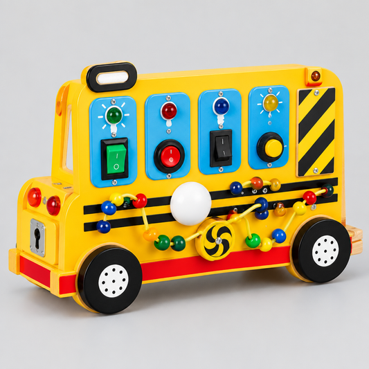 School bus busy board sensory toy, angled view